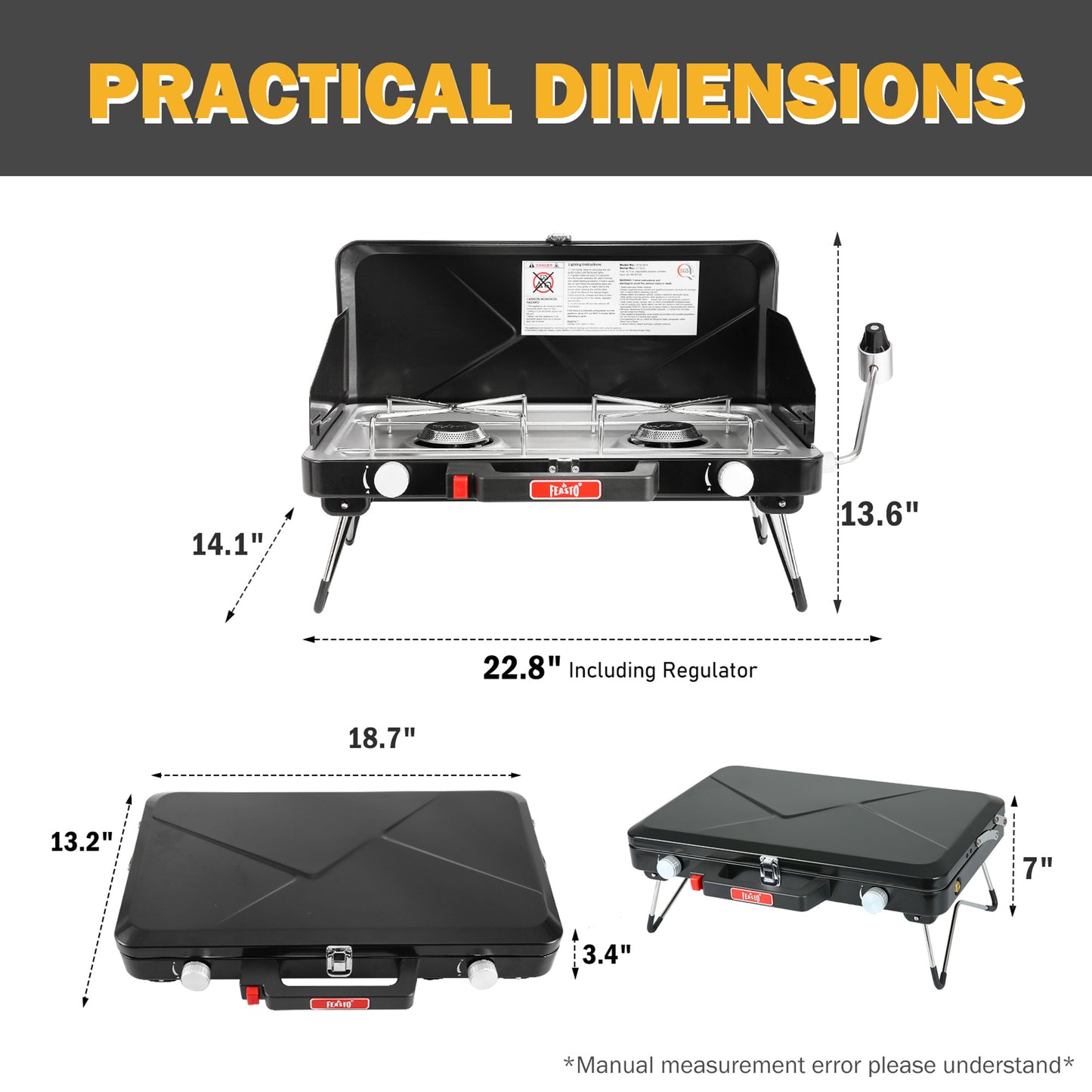 FEASTO Propane Camping Stove with Two Adjustable High Power Windproof Burners and Two Folding Legs Convenient for Outdoor Camping Picnic L22.8’’x W14.1’’x H13.6’’ (Black)