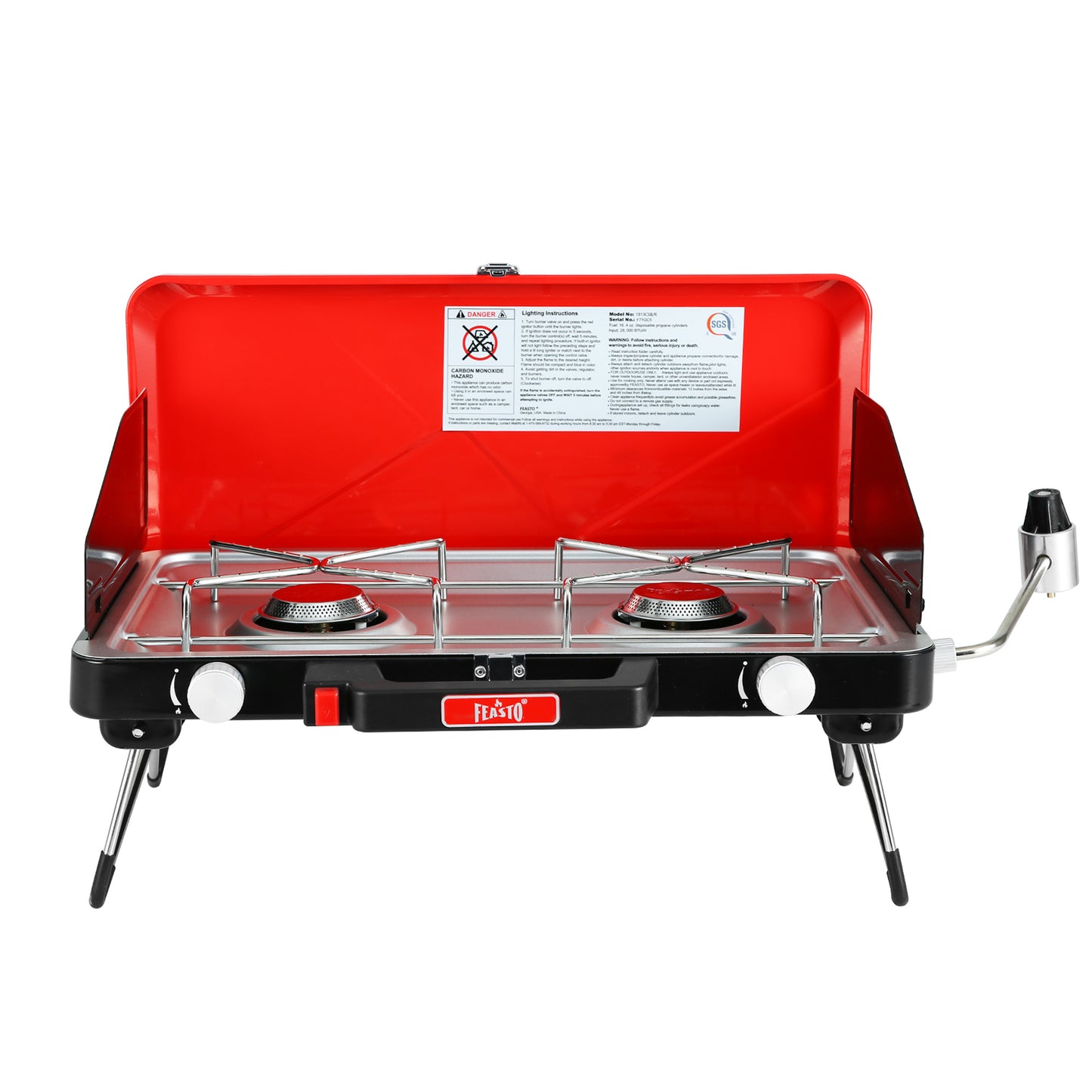 FEASTO Propane Camping Stove with Two Adjustable High Power Windproof Burners and Two Folding Legs Convenient for Outdoor Camping Picnic L22.8’’x W14.1’’x H13.6’’ (Red)