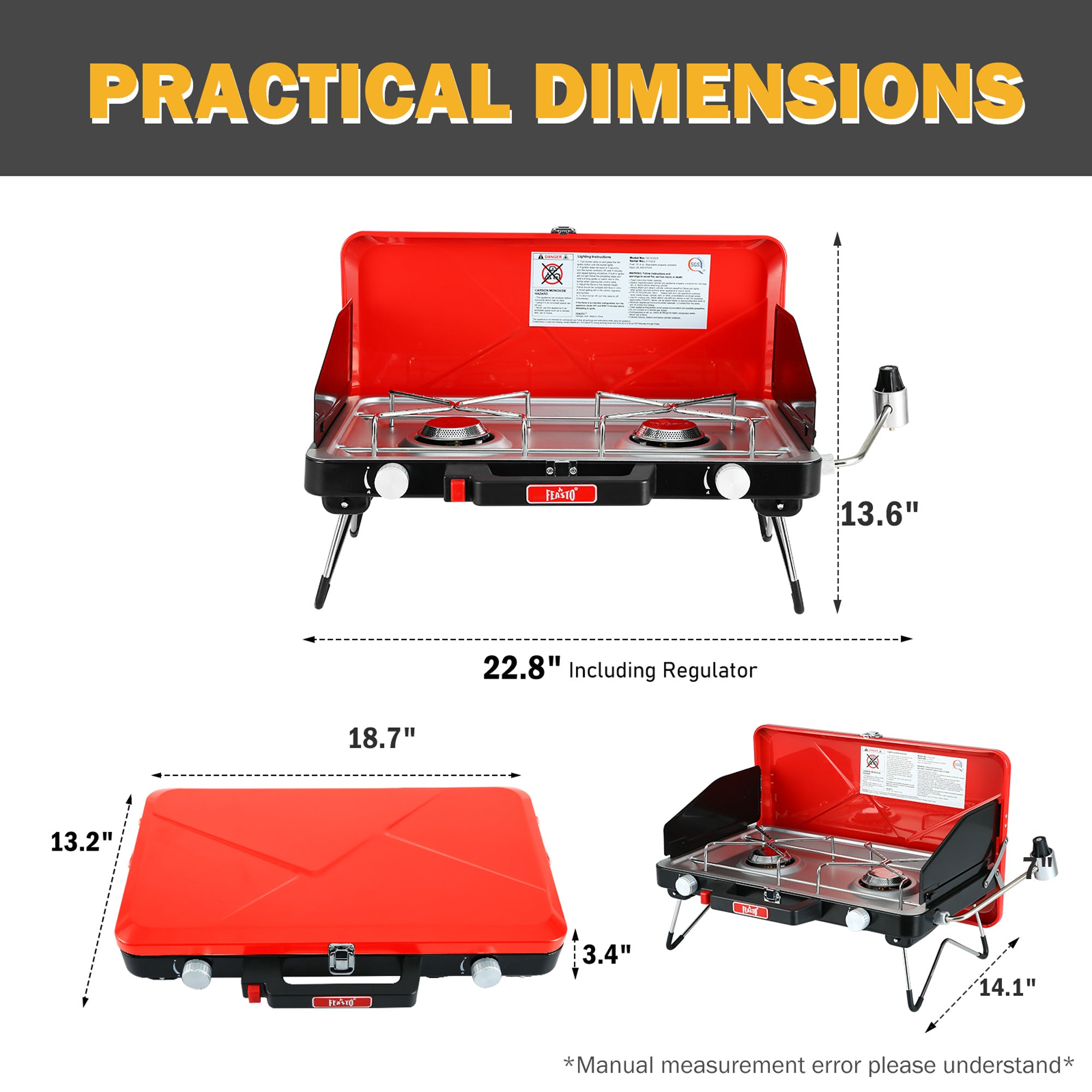 FEASTO Propane Camping Stove with Two Adjustable High Power Windproof Burners and Two Folding Legs Convenient for Outdoor Camping Picnic L22.8 x