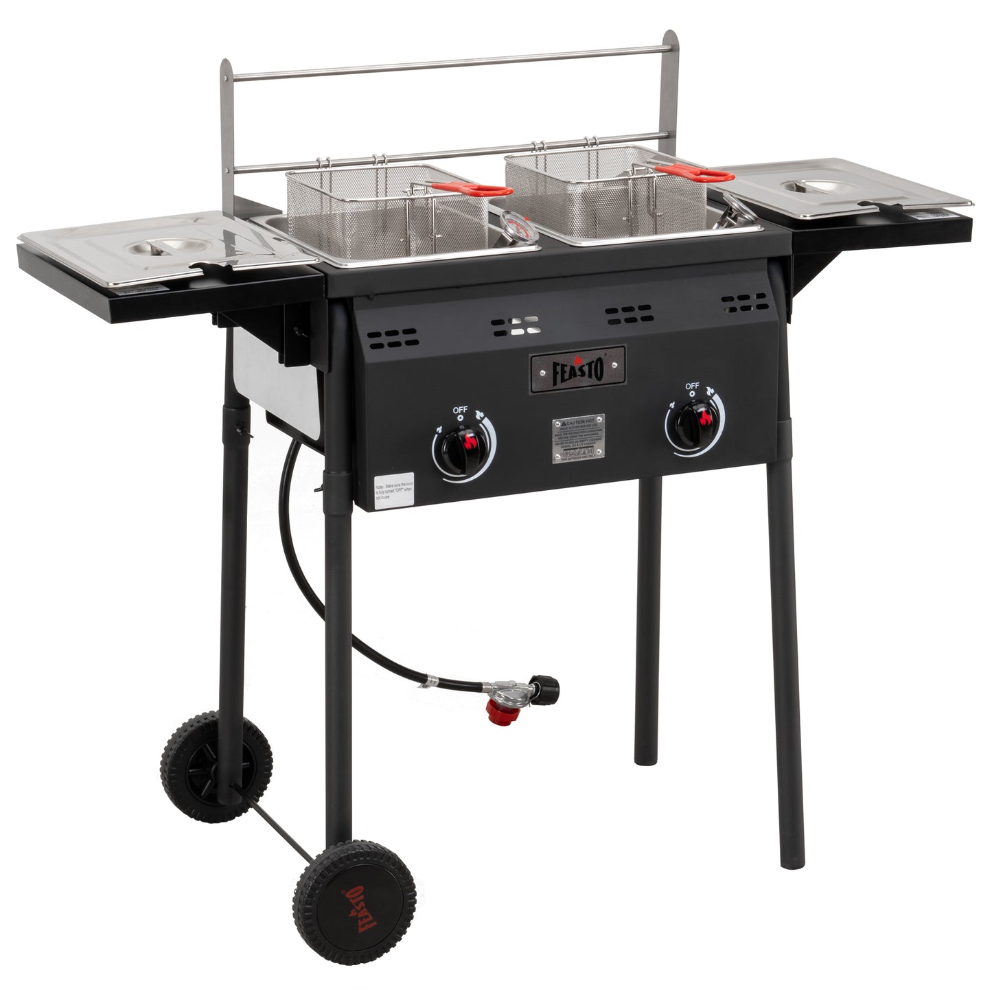 Feasto Outdoor Propane Deep Fryer,Dual Tank with Dual Independent Cast Iron Burners and Thermometers,Removable Fryer Pot,Baskets & Lids, Movable Propane Fryer Cart with Regulathor,50000 BTU