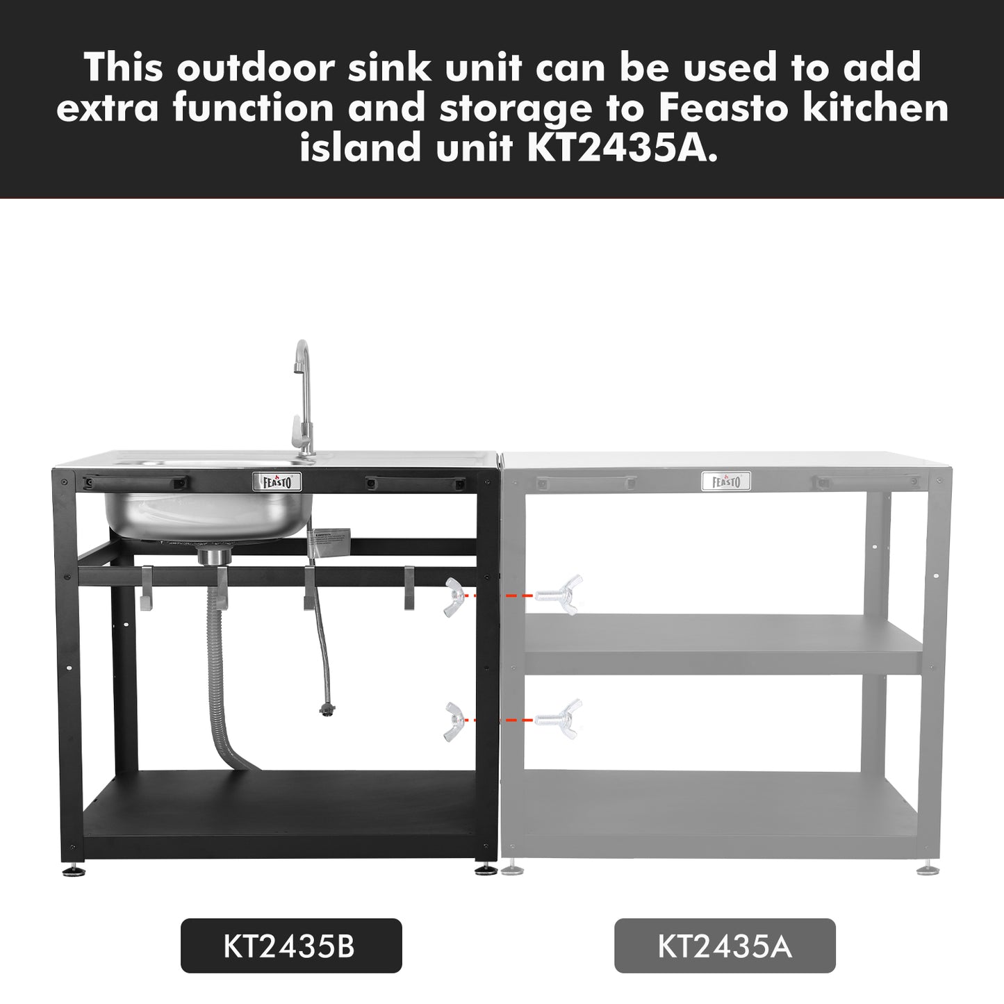 FEASTO Modular Outdoor Kitchen Sink Station Free Standing Table with Sink 304 Stainless-Steel Single Bowl Faucet & Drainboard Movable Commercial Kitchen