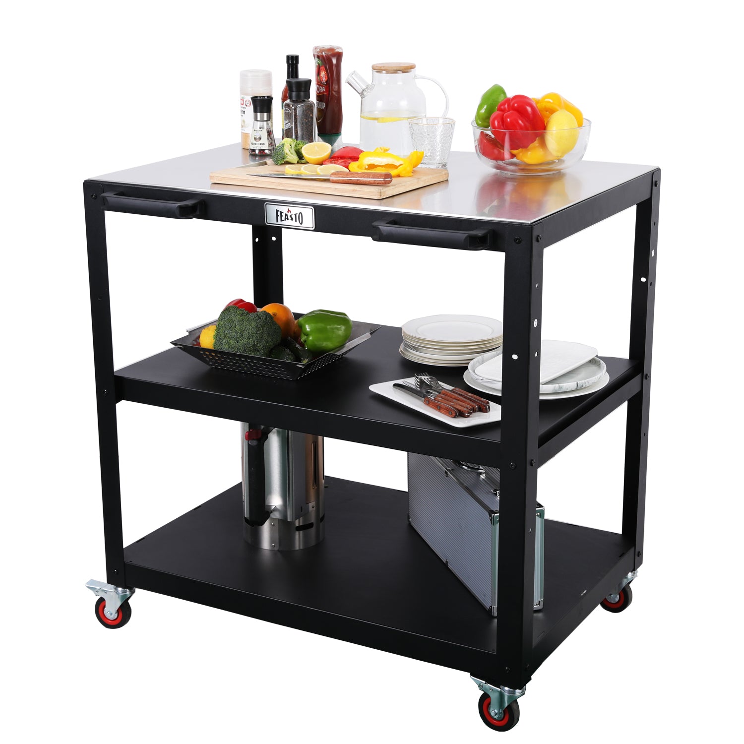 Feasto 3-Shelf Outdoor Steel Table Cart 35.4” x 24” 304 Stainless Stee ...