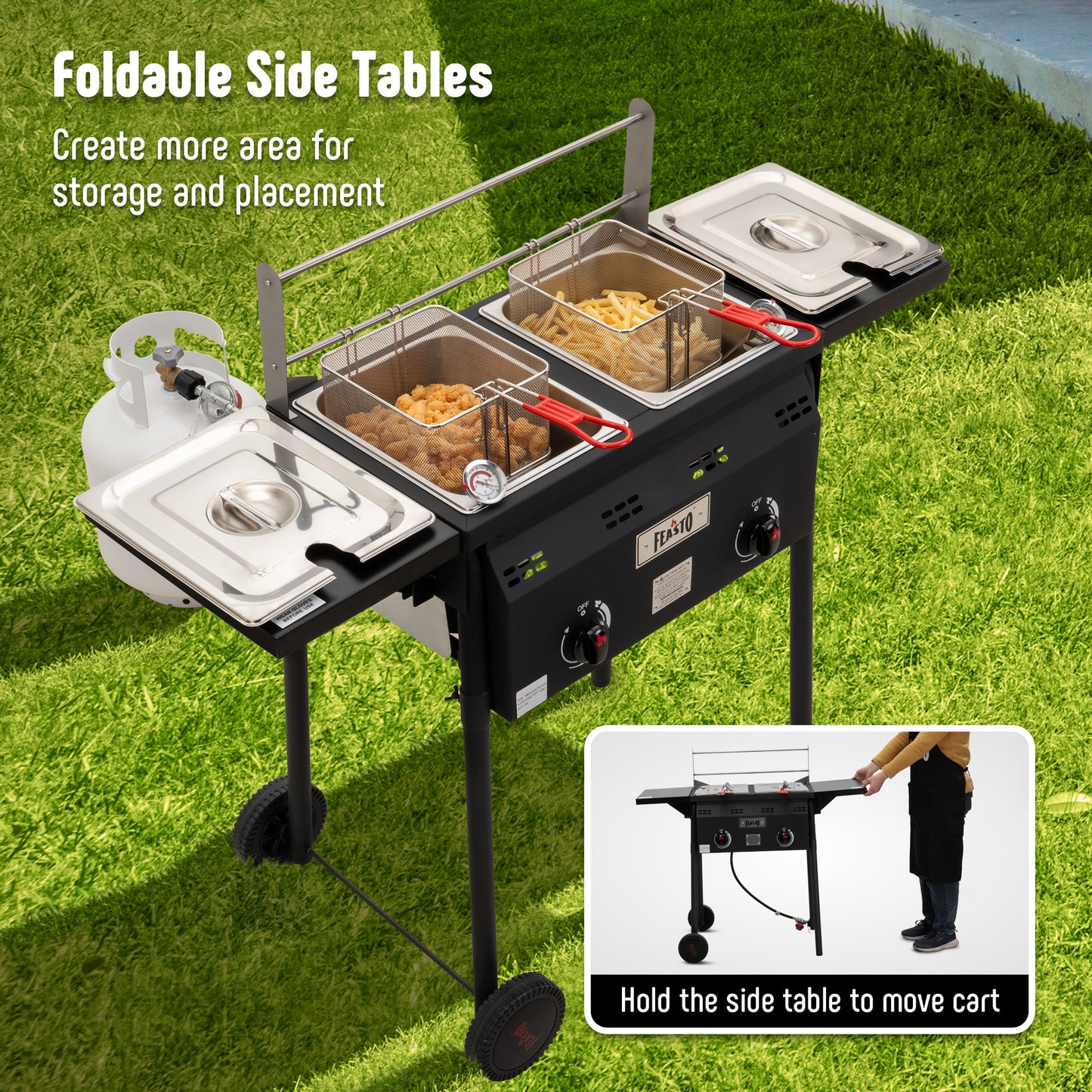 Feasto Outdoor Propane Deep Fryer,Dual Tank with Dual Independent Cast Iron Burners and Thermometers,Removable Fryer Pot,Baskets & Lids, Movable Propane Fryer Cart with Regulathor,50000 BTU