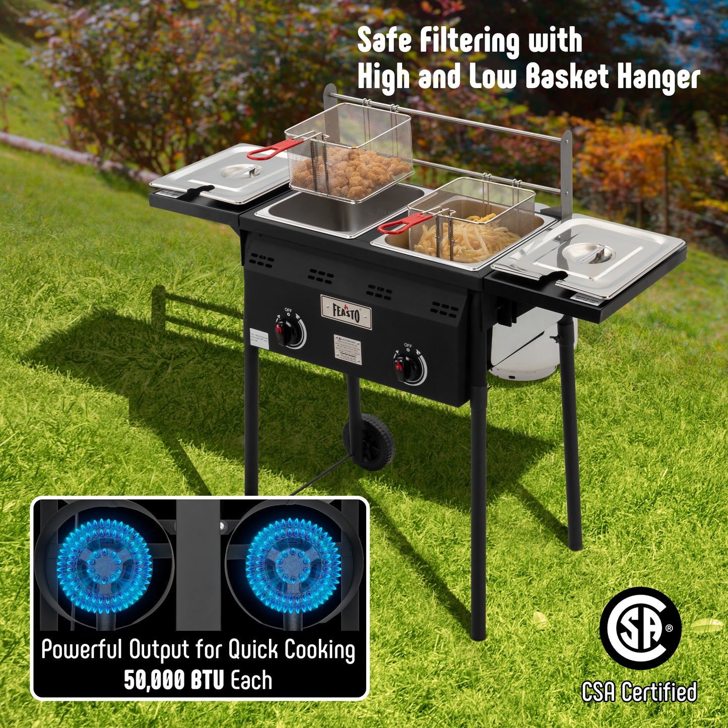 Feasto Outdoor Propane Deep Fryer,Dual Tank with Dual Independent Cast Iron Burners and Thermometers,Removable Fryer Pot,Baskets & Lids, Movable Propane Fryer Cart with Regulathor,50000 BTU