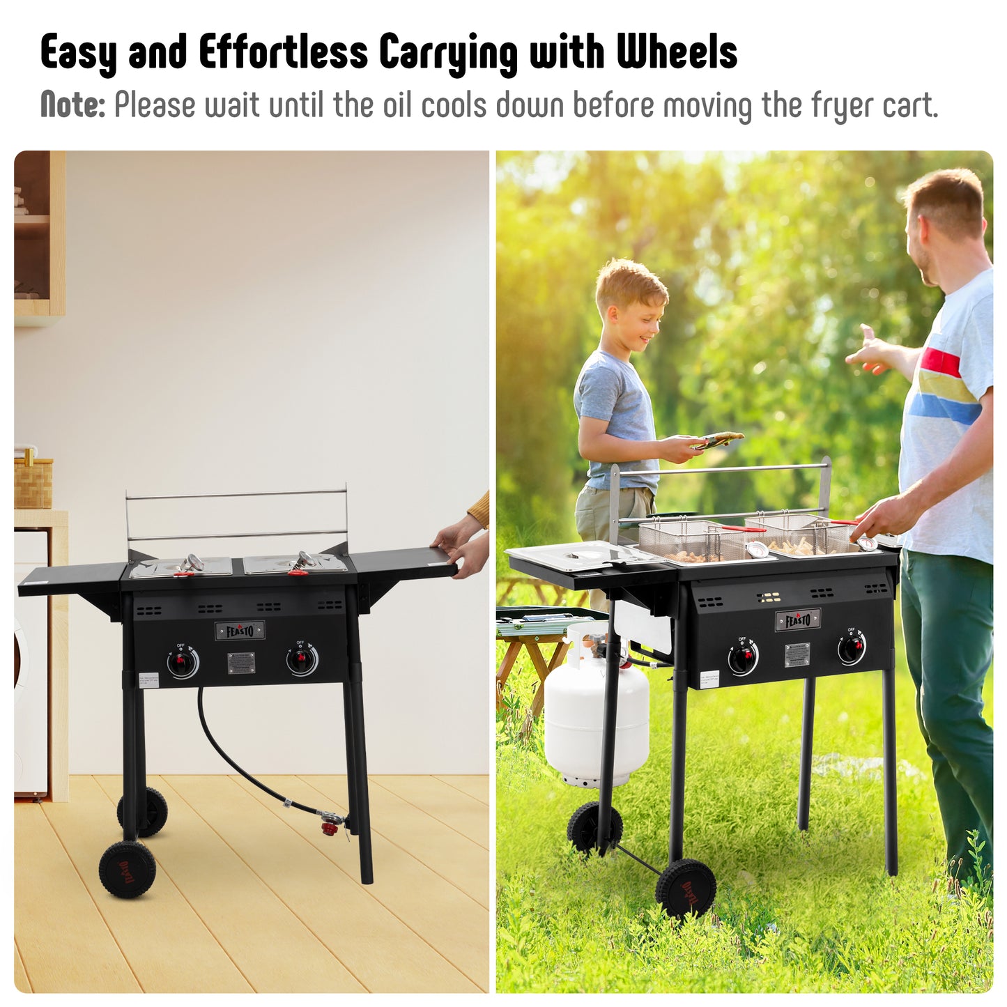 Feasto Outdoor Propane Deep Fryer,Dual Tank with Dual Independent Cast Iron Burners and Thermometers,Removable Fryer Pot,Baskets & Lids, Movable Propane Fryer Cart with Regulathor,50000 BTU