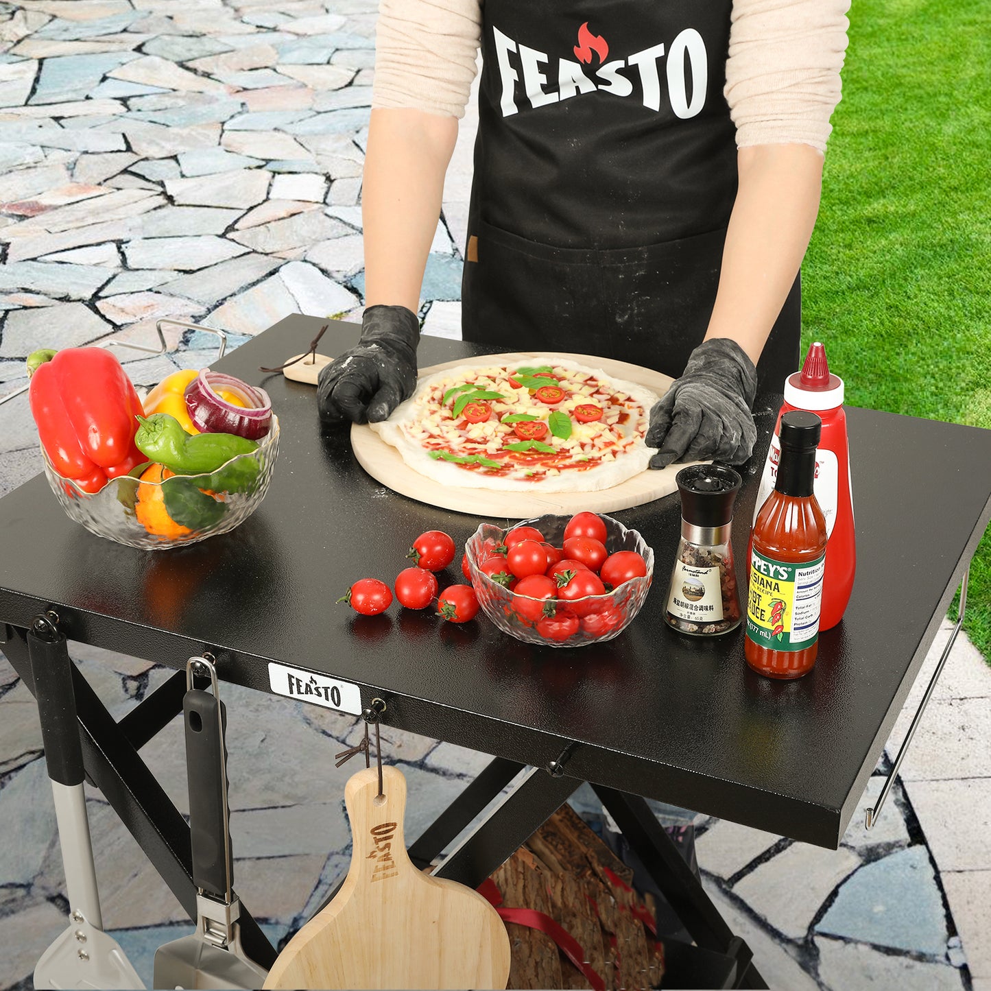 Feasto Large Folding Table Foldable Grill Stand and Pizza Oven Stand Portable Outdoor Food Prep Table Friendly to Storage Ideal for Camp or RV Black