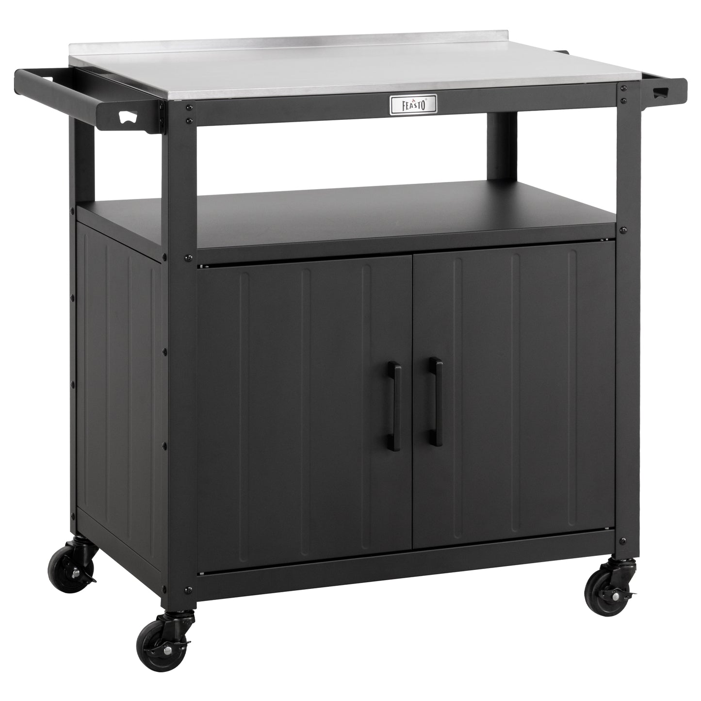 Outdoor Grill Cart with Stainless Steel Tabletop and Storage Cabinet, Movable Kitchen Island with Wheels for BBQ Food Prep, Black