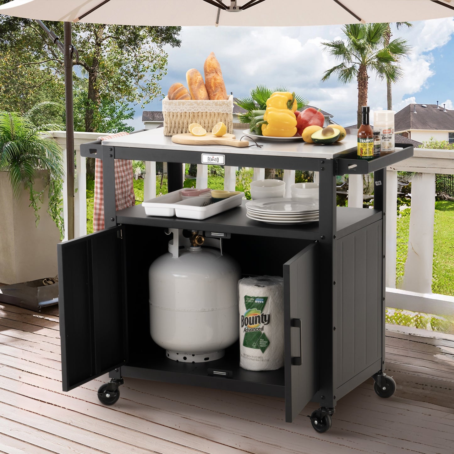 Outdoor Grill Cart with Stainless Steel Tabletop and Storage Cabinet, Movable Kitchen Island with Wheels for BBQ Food Prep, Black