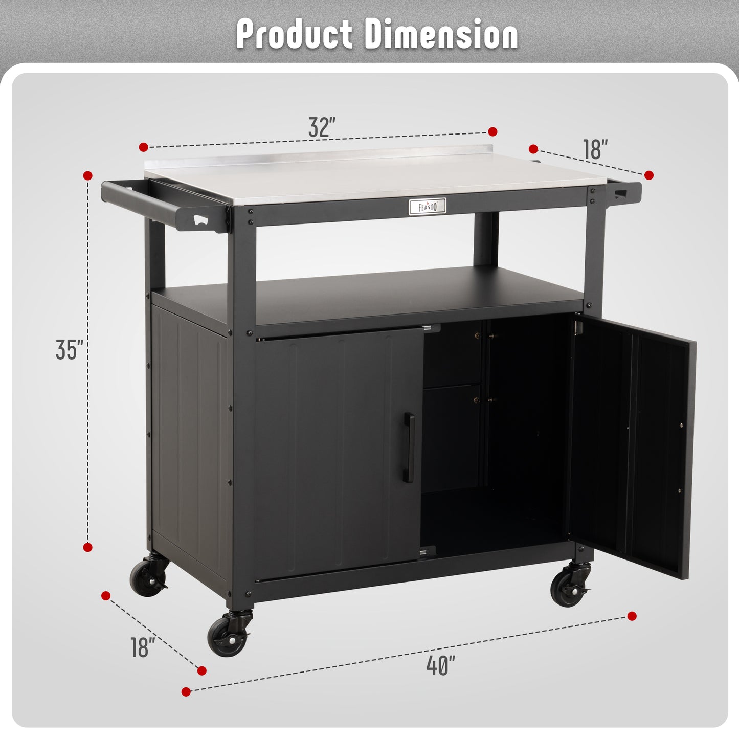 Outdoor Grill Cart with Stainless Steel Tabletop and Storage Cabinet, Movable Kitchen Island with Wheels for BBQ Food Prep, Black