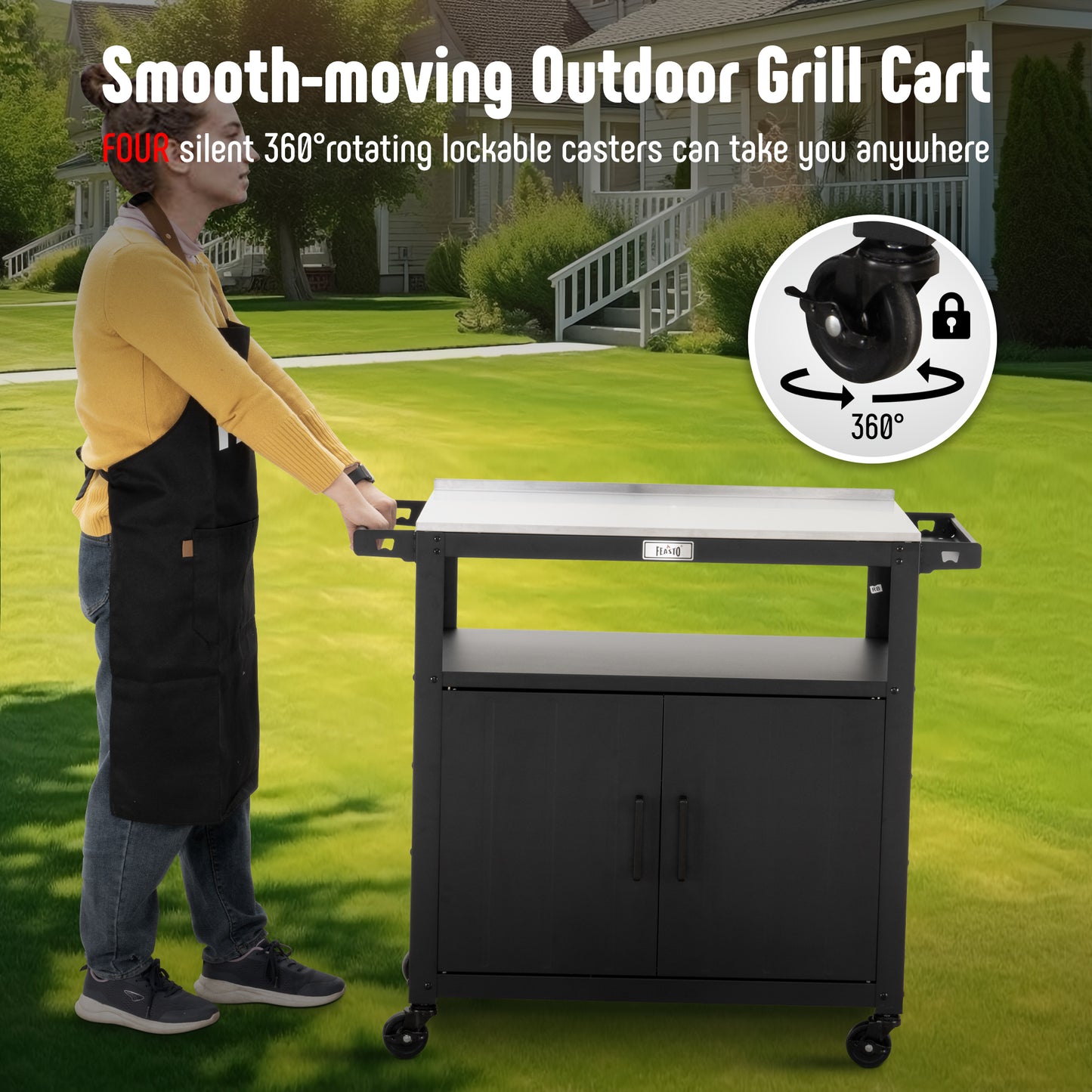 Outdoor Grill Cart with Stainless Steel Tabletop and Storage Cabinet, Movable Kitchen Island with Wheels for BBQ Food Prep, Black