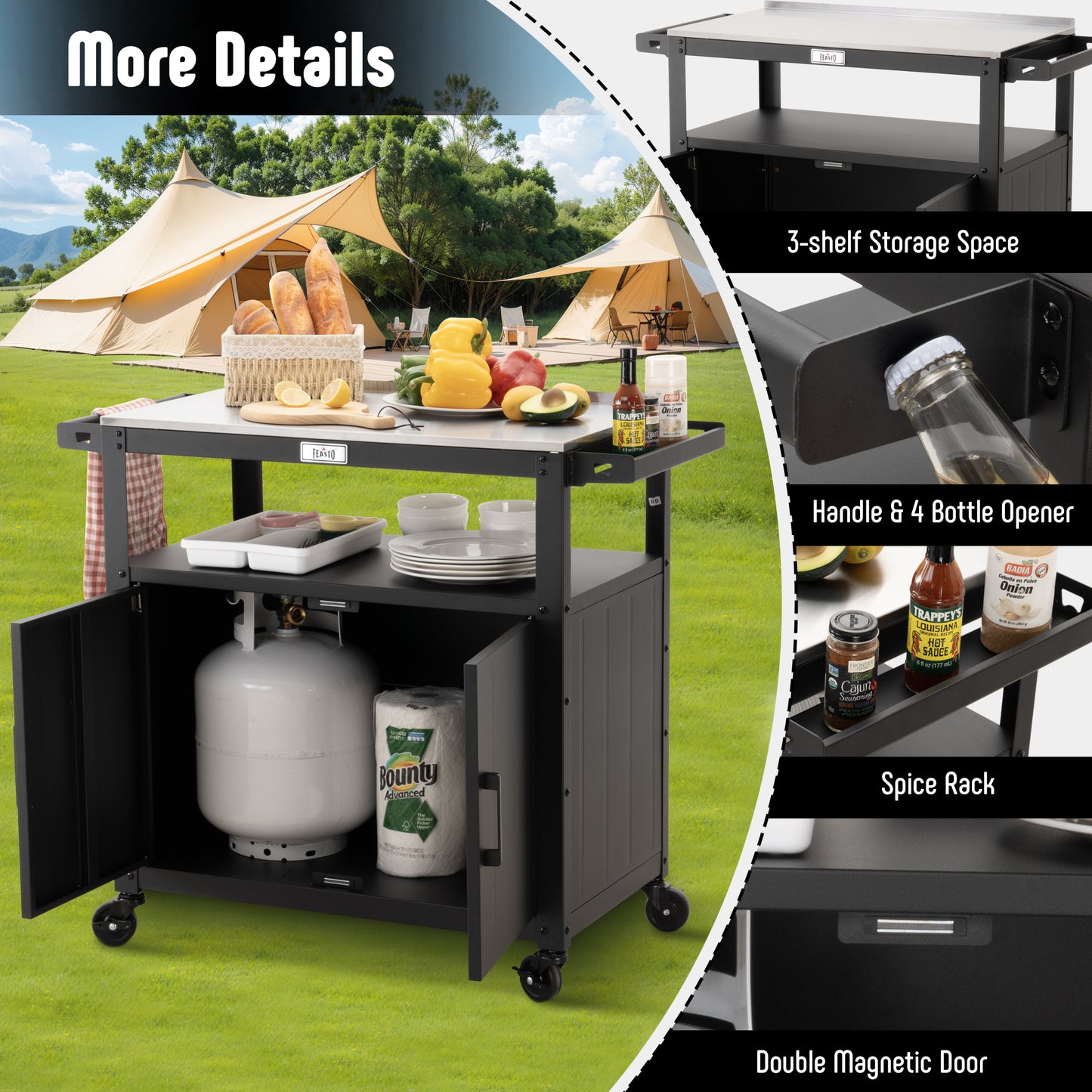 Outdoor Grill Cart with Stainless Steel Tabletop and Storage Cabinet, Movable Kitchen Island with Wheels for BBQ Food Prep, Black