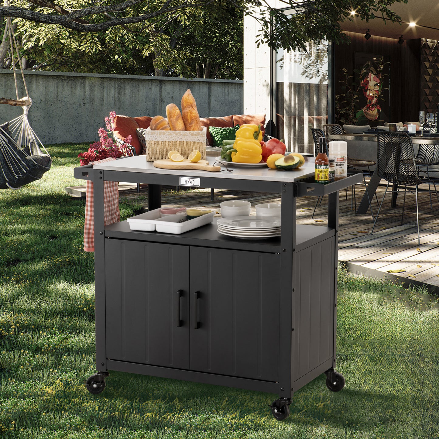 Outdoor Grill Cart with Stainless Steel Tabletop and Storage Cabinet, Movable Kitchen Island with Wheels for BBQ Food Prep, Black