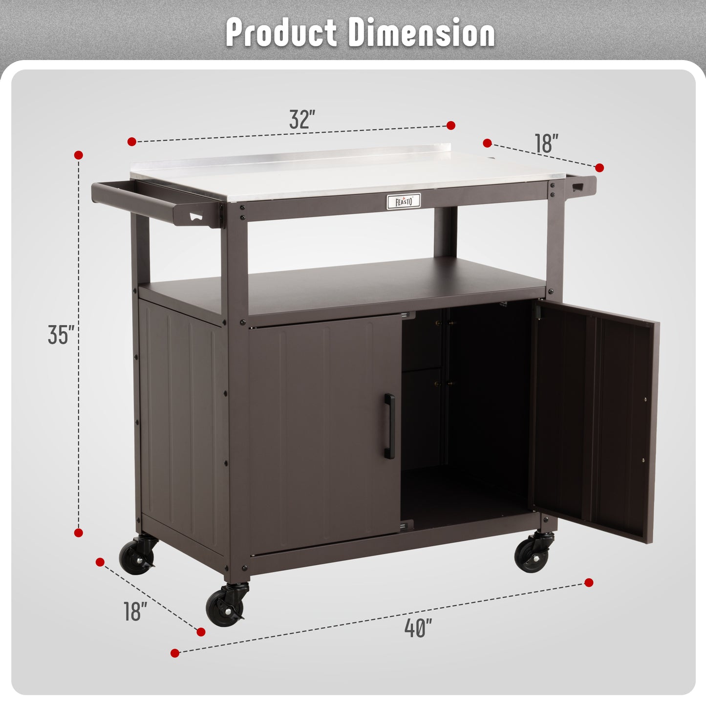 Outdoor Grill Cart with Stainless Steel Tabletop and Storage Cabinet, Movable Kitchen Island with Wheels for BBQ Food Prep, Black