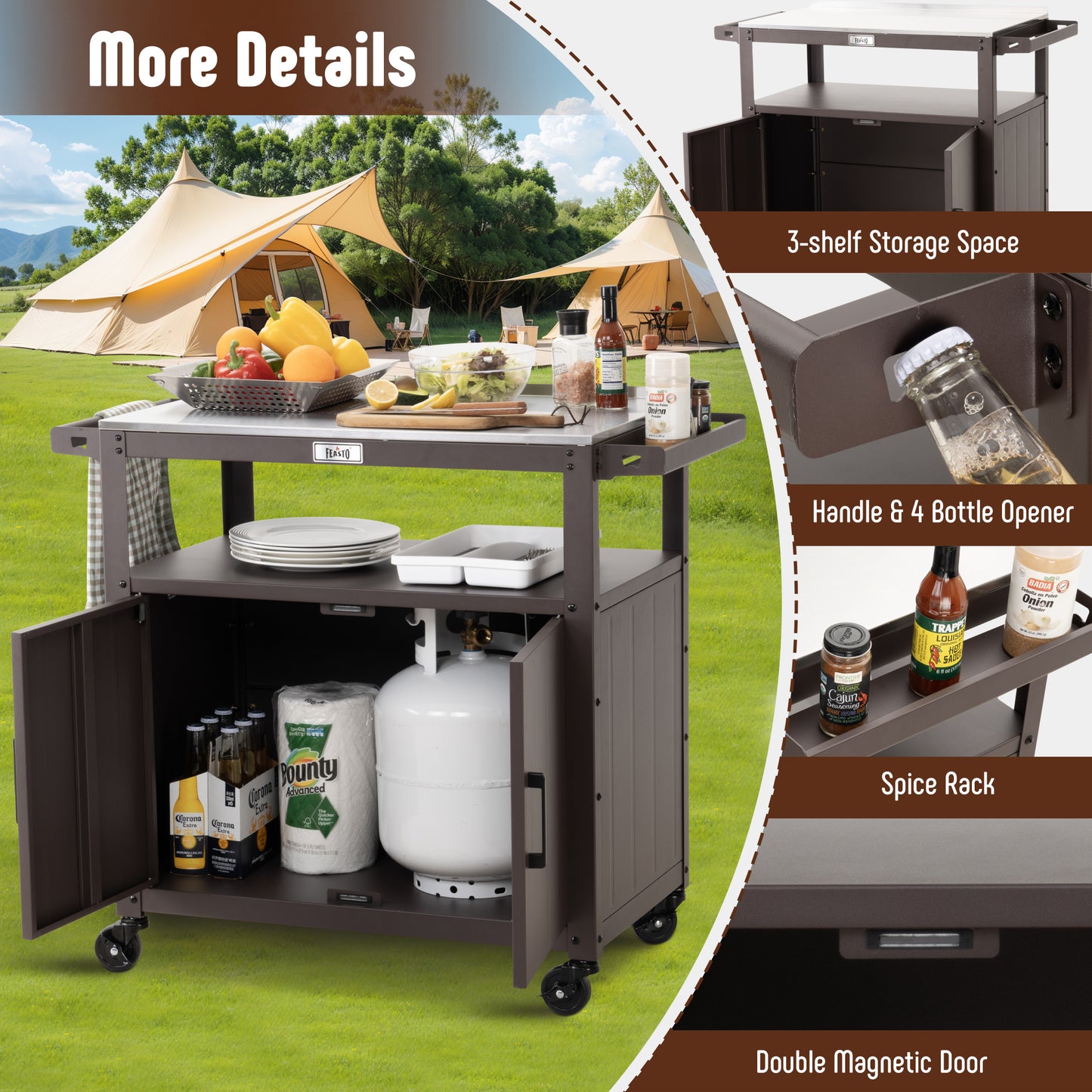 Outdoor Grill Cart with Stainless Steel Tabletop and Storage Cabinet, Movable Kitchen Island with Wheels for BBQ Food Prep, Black