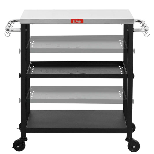 FEASTO Rolling 3-tier Adjustable Outdoor Pizza Oven Table and Food Prep Cart Table Home and Outdoor Multifunctional Stainless Steel Table Top Worktable on Four Wheels L34’’x W16.1’’x H33’’
