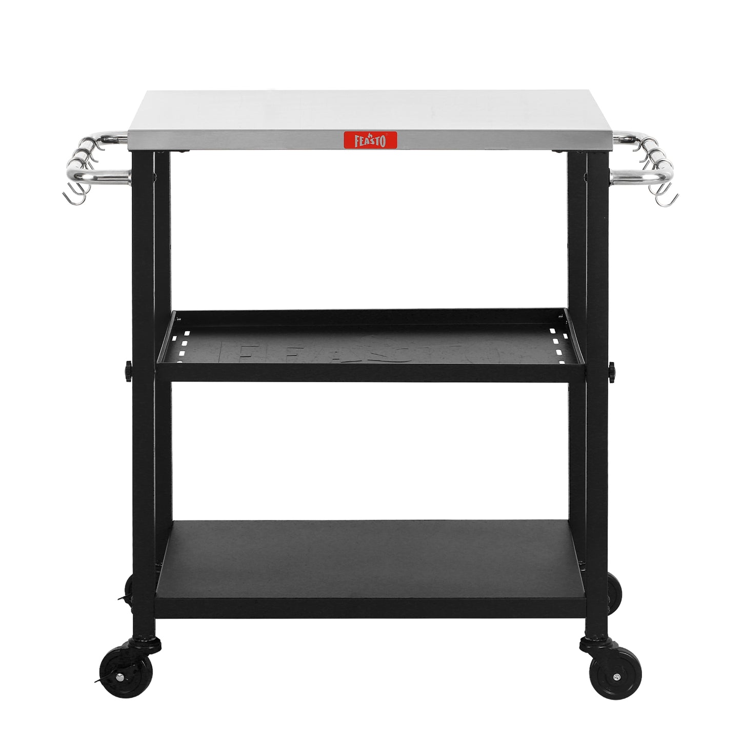 FEASTO Rolling 3-tier Adjustable Outdoor Pizza Oven Table and Food Prep Cart Table Home and Outdoor Multifunctional Stainless Steel Table Top Worktable on Four Wheels L34’’x W16.1’’x H33’’