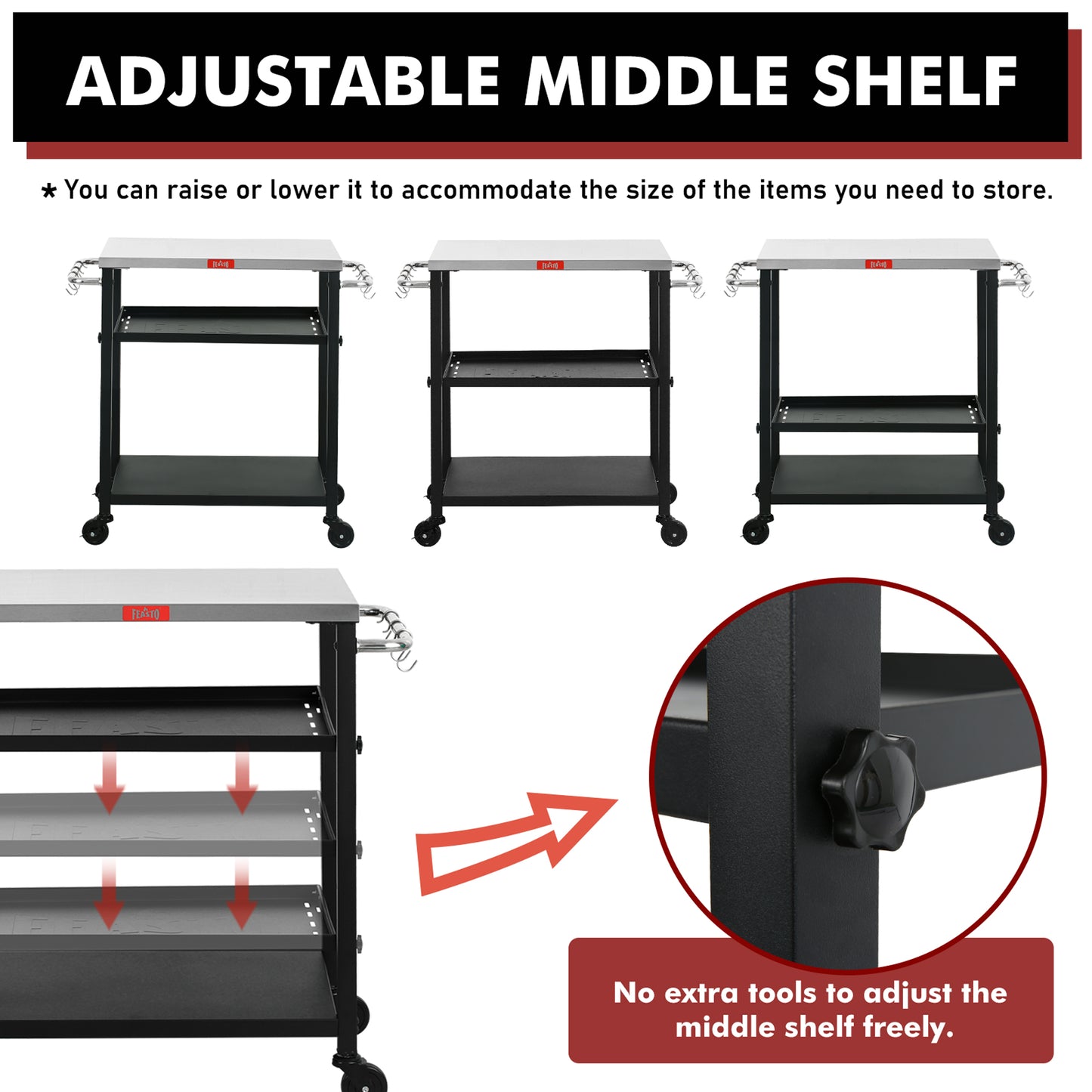 FEASTO Rolling 3-tier Adjustable Outdoor Pizza Oven Table and Food Prep Cart Table Home and Outdoor Multifunctional Stainless Steel Table Top Worktable on Four Wheels L34’’x W16.1’’x H33’’