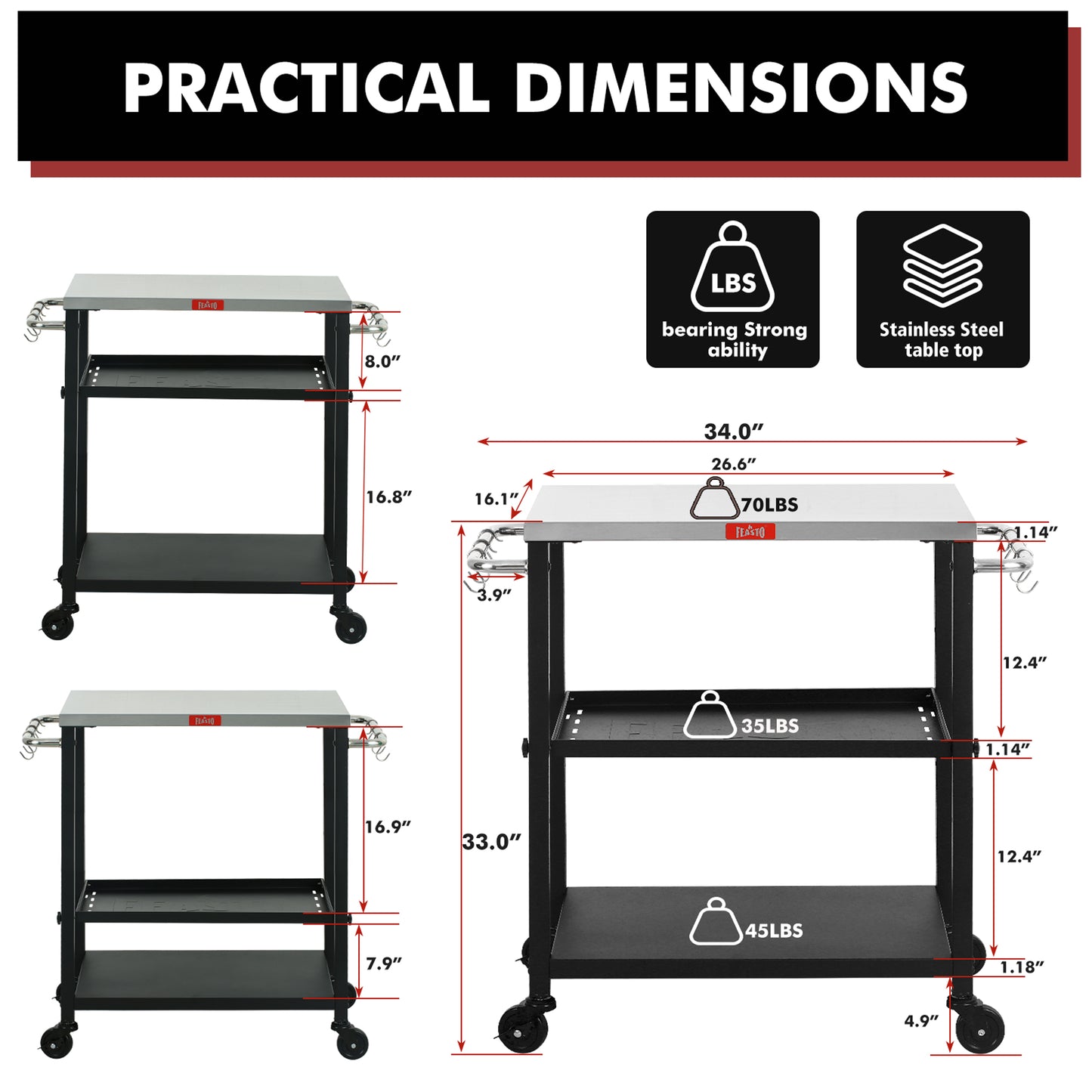 FEASTO Rolling 3-tier Adjustable Outdoor Pizza Oven Table and Food Prep Cart Table Home and Outdoor Multifunctional Stainless Steel Table Top Worktable on Four Wheels L34’’x W16.1’’x H33’’