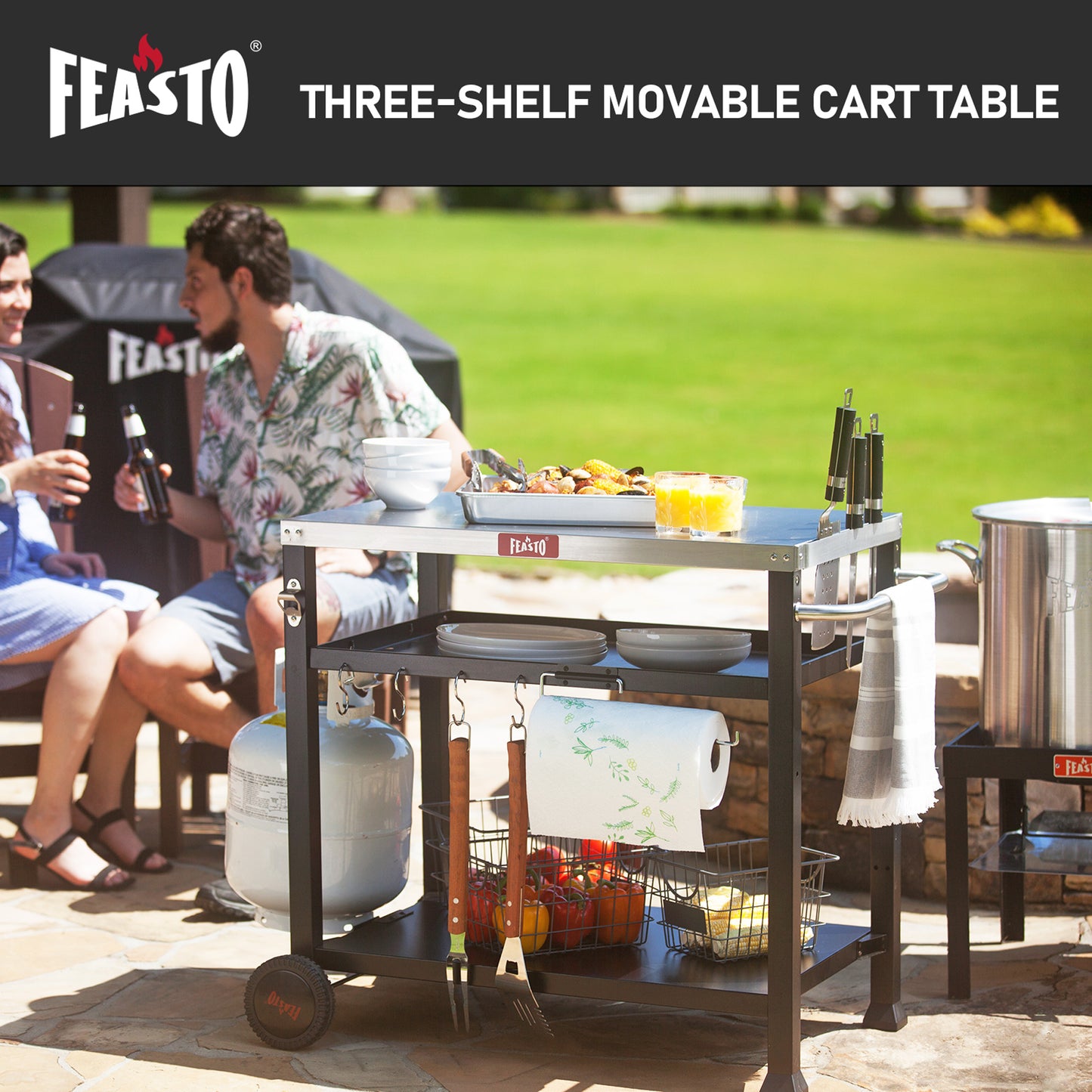 FEASTO Three-Shelf Movable Food Prep and Work Cart Table Home and Outdoor Multifunctional Stainless Steel Table Top Worktable on Two Wheels L39.5’’x W25.6’’x H33’’