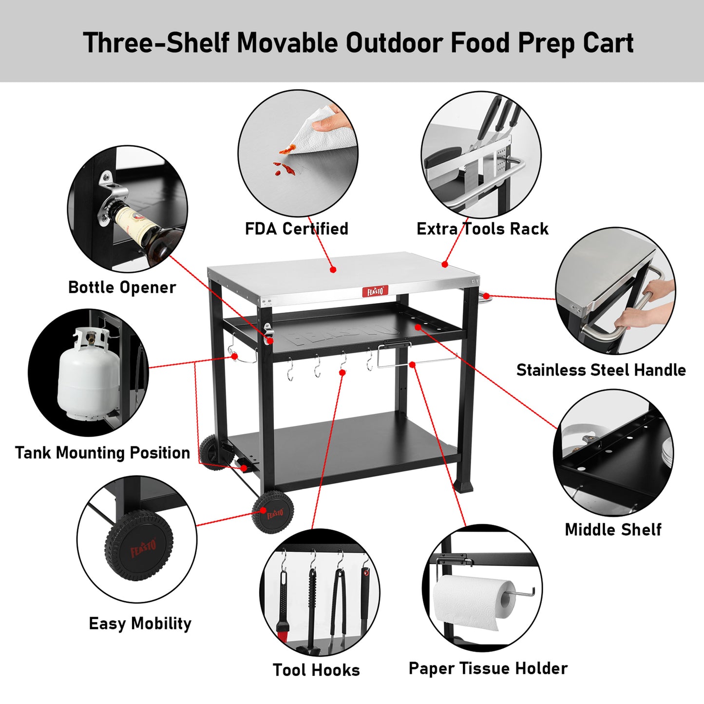 FEASTO Three-Shelf Movable Food Prep and Work Cart Table Home and Outdoor Multifunctional Stainless Steel Table Top Worktable on Two Wheels L39.5’’x W25.6’’x H33’’