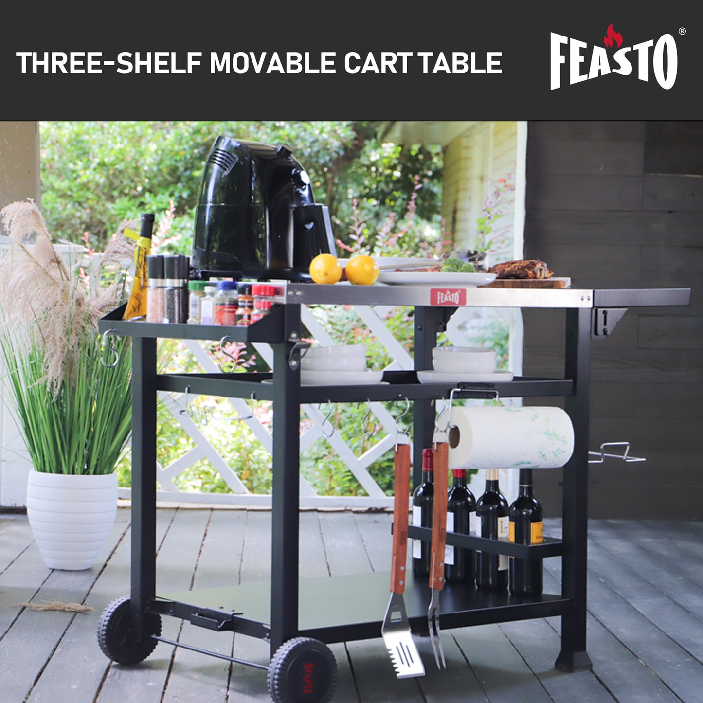 FEASTO Three-Shelf Movable Food Prep Cart Table  Home and Outdoor Multifunctional Stainless Steel Table Top Worktable on Two Wheels L50’’x W21.7’’x H33’’
