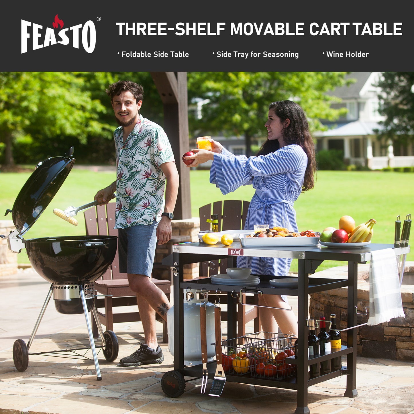 FEASTO Three-Shelf Movable Food Prep Cart Table  Home and Outdoor Multifunctional Stainless Steel Table Top Worktable on Two Wheels L50’’x W21.7’’x H33’’